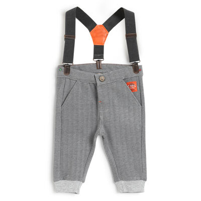 Boys Medium Grey Solid Long Trousers with Suspenders
